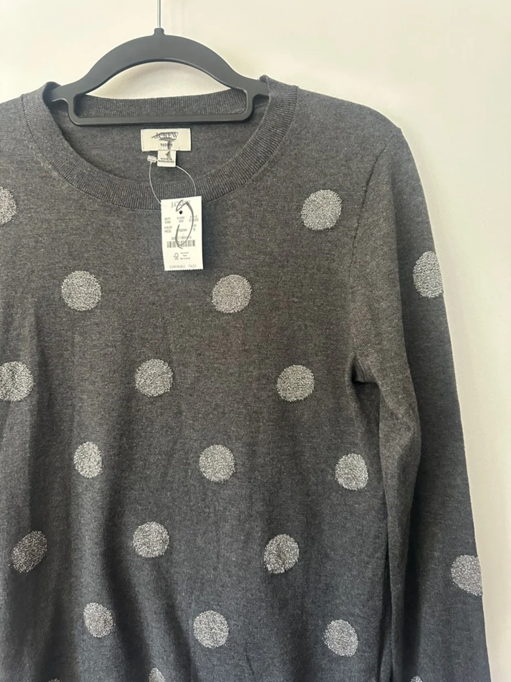 J. Crew Charcoal Crewneck Sweater with Silver Polka Dots